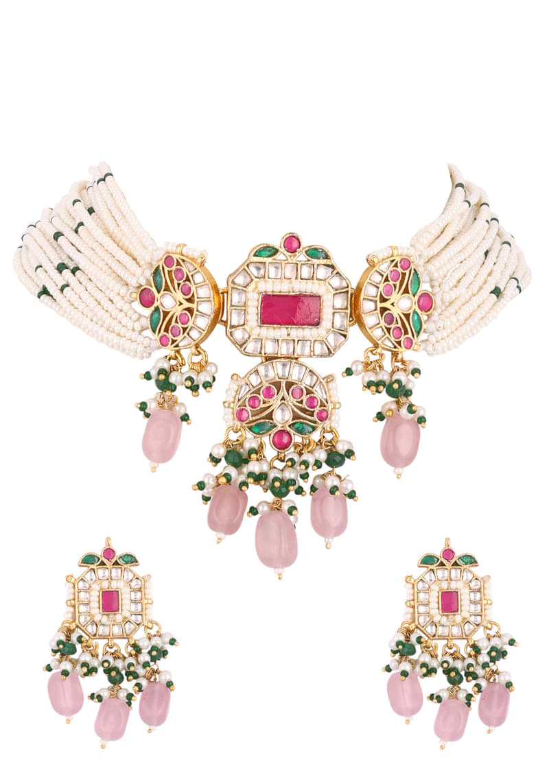 Gold Finish Kundan Polki Choker Set With Peach Drops