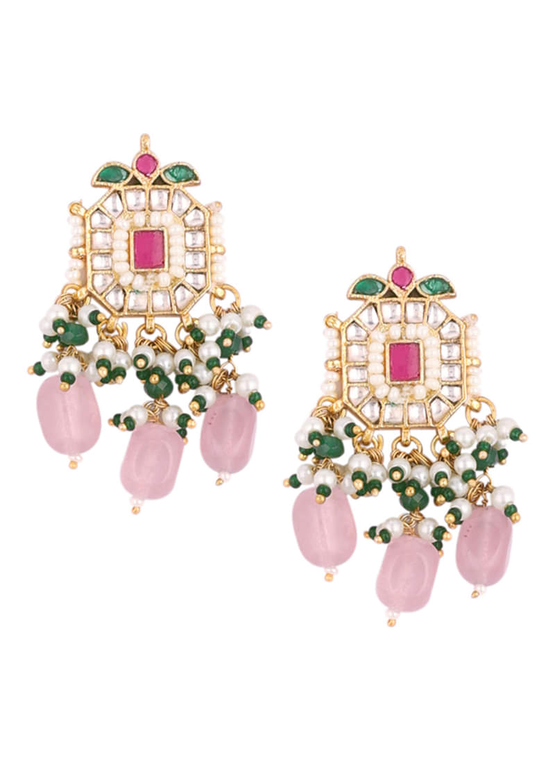 Gold Finish Kundan Polki Choker Set With Peach Drops