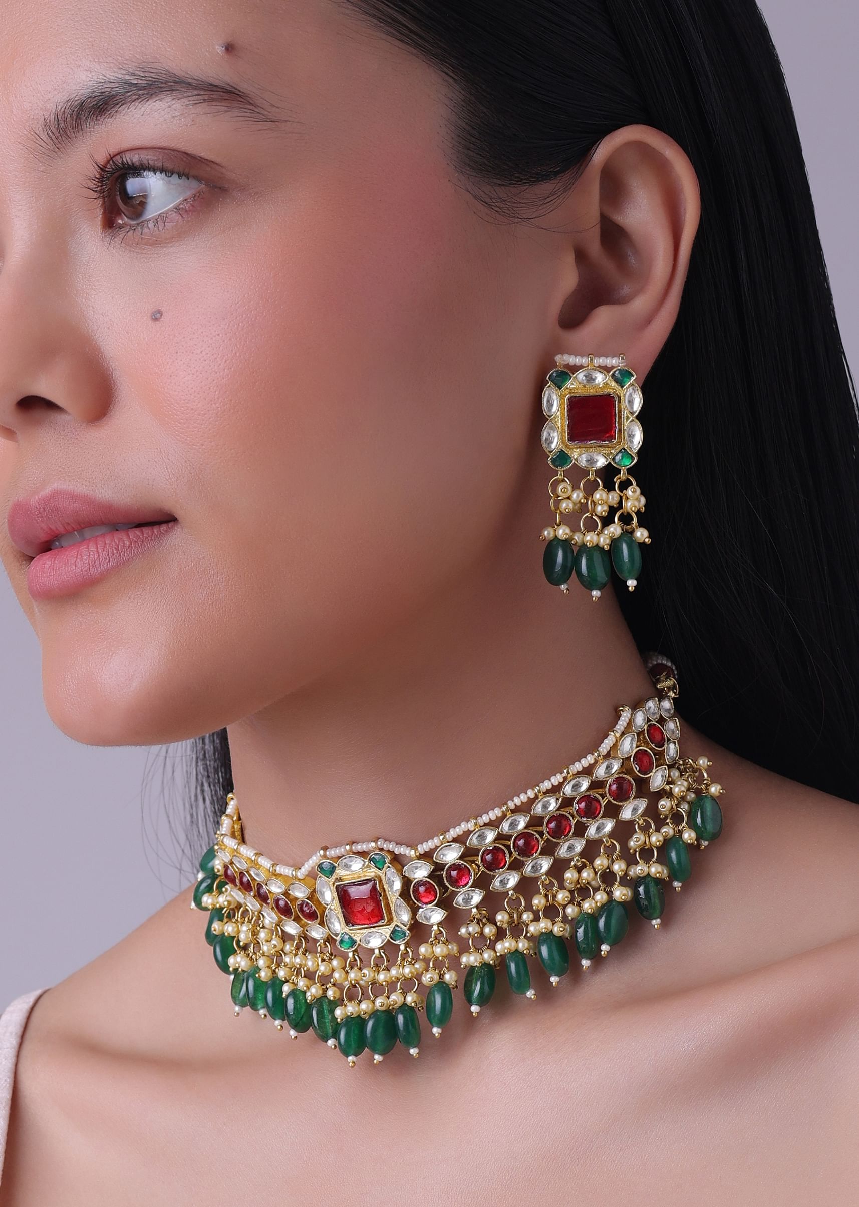 Buy Gold Finish Kundan Polki Red And Green Choker Set With Beads And Stones KALKI Fashion India