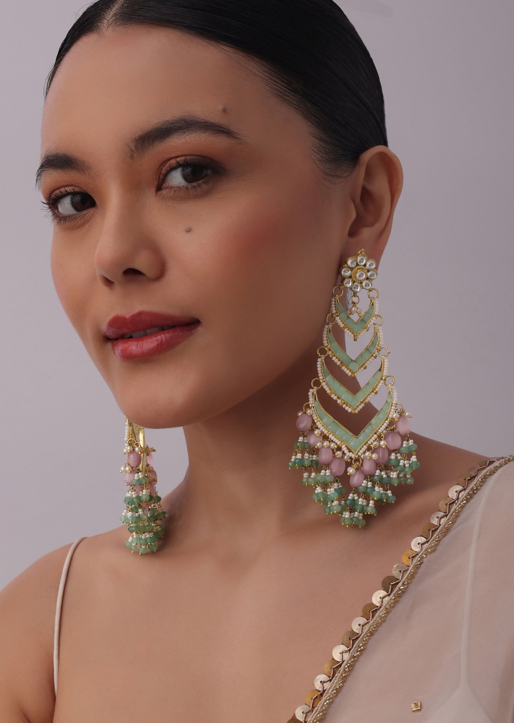 Buy Gold Finish Mint Green Kundan Chandbalis In Mix Metal KALKI Fashion Global