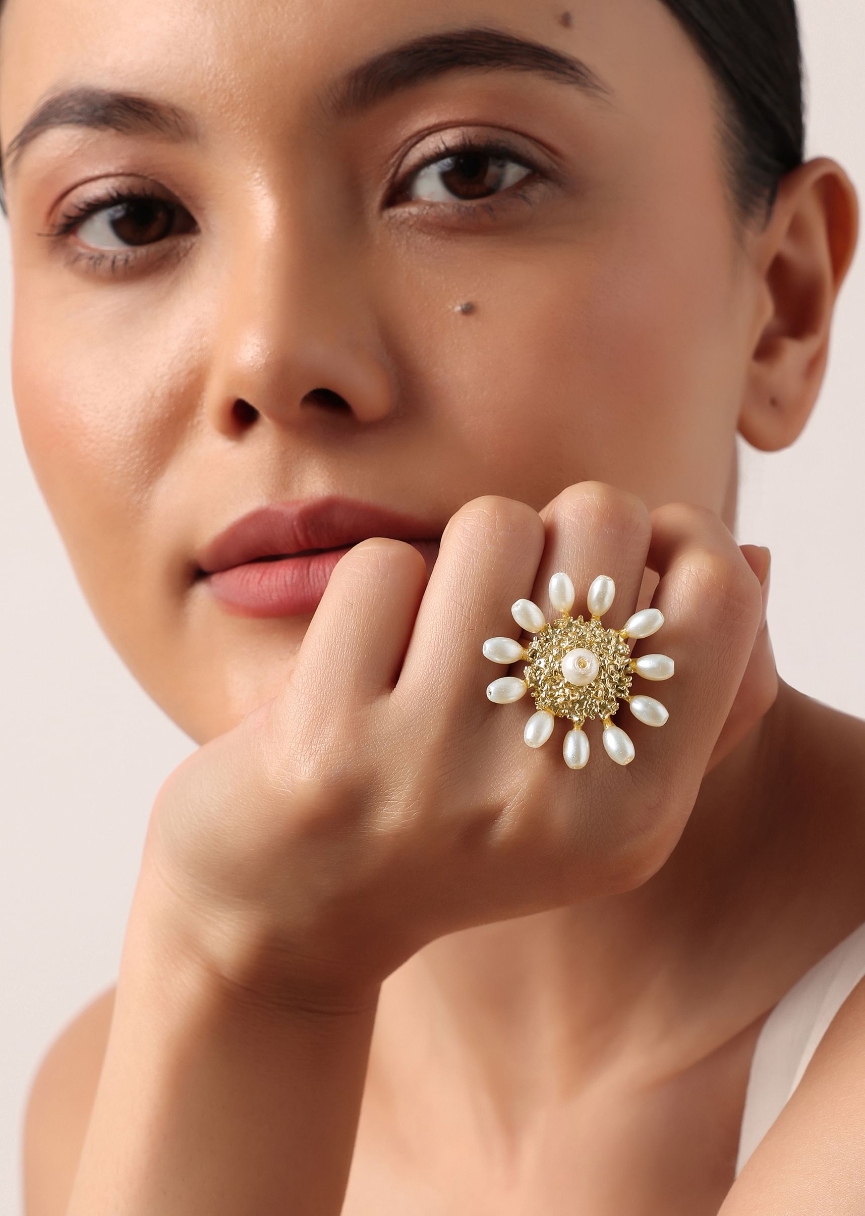 Buy Gold Finish Sun Rays Shaped Ring With Pearls KALKI Fashion Global