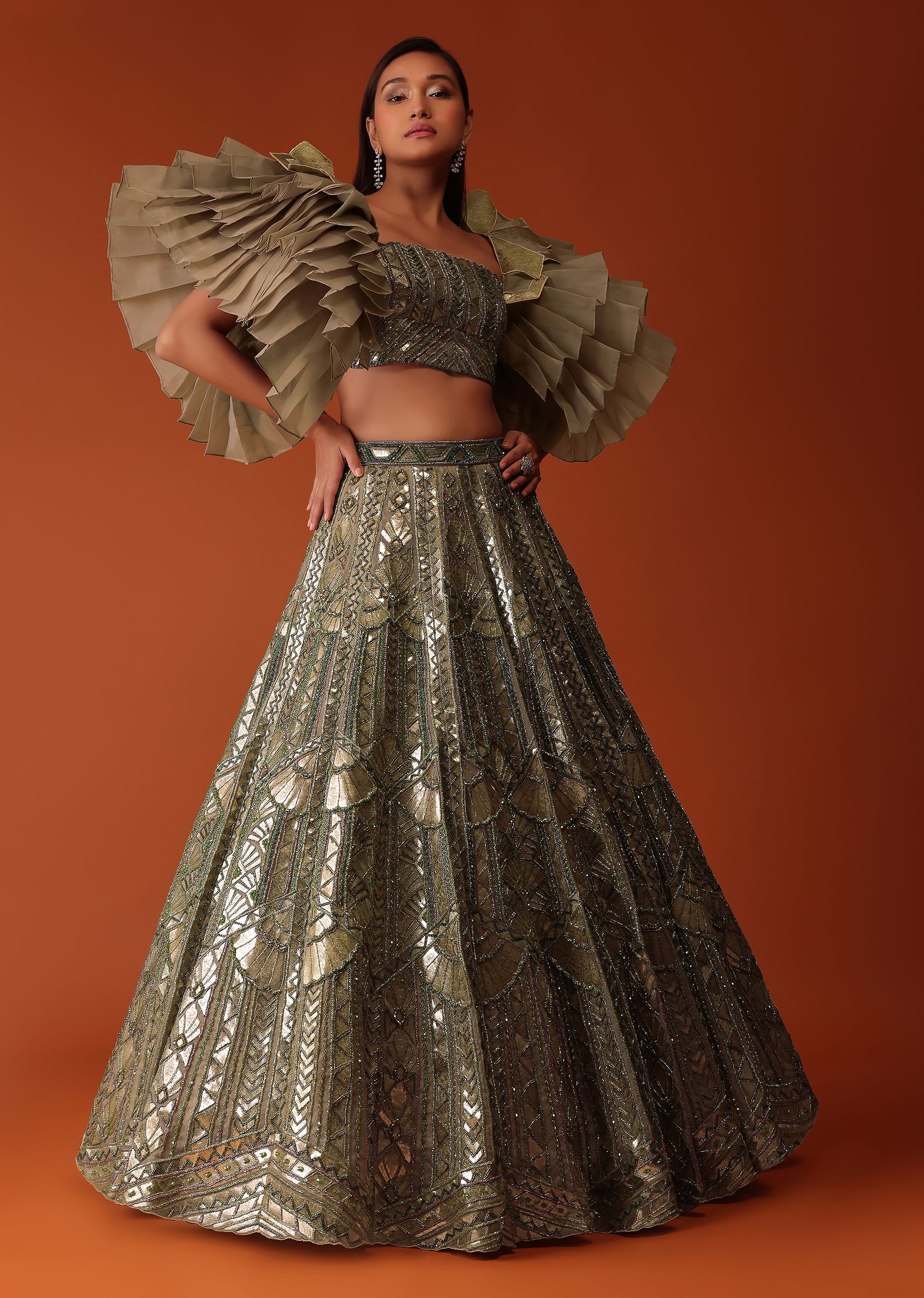 Buy Gold Foil Hand Embroidered Bridal Lehenga And Blouse With Frill Sleeves KALKI Fashion Global