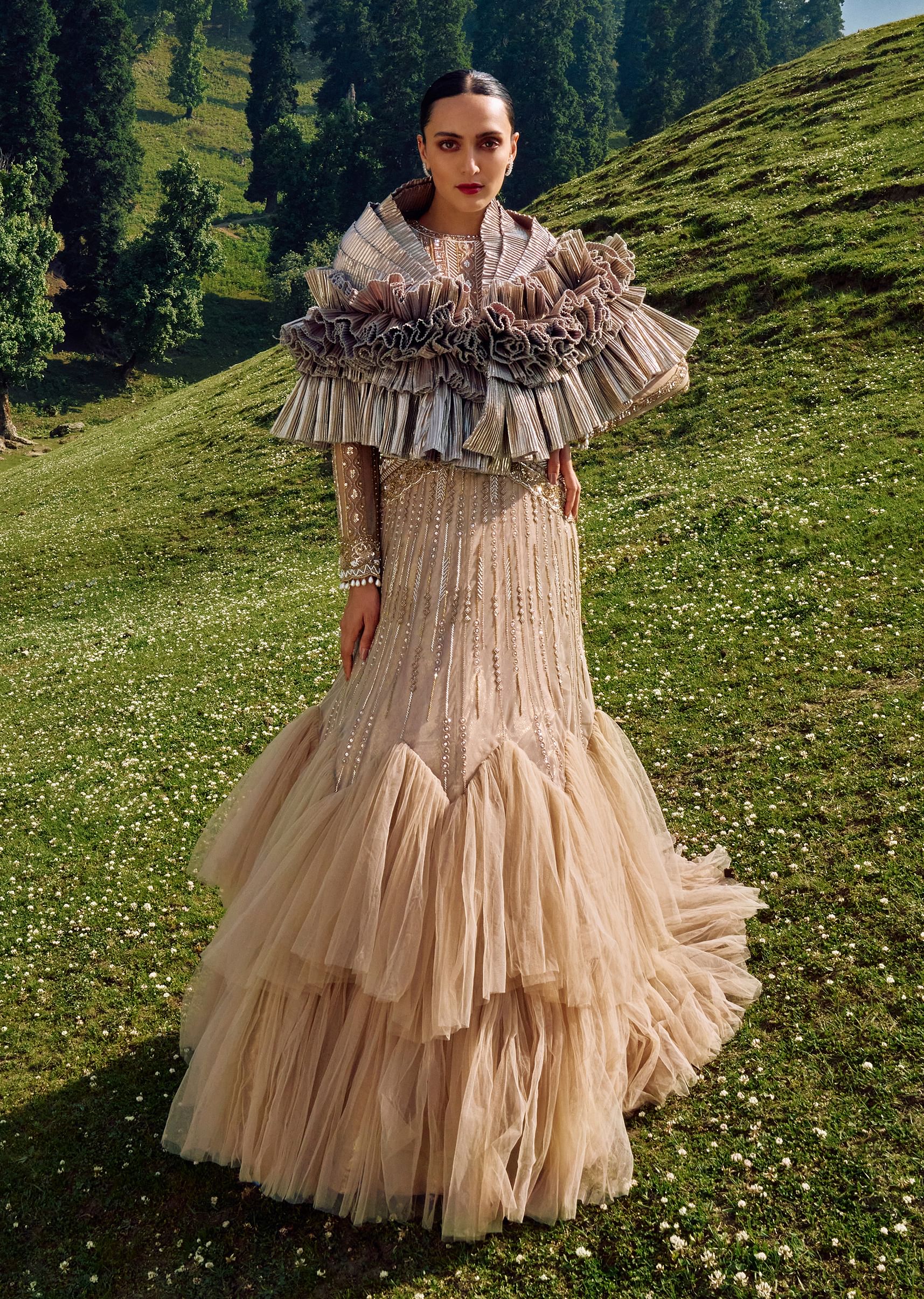 Buy Gold Hand Embroidered Bridesmaid Gown With Attached Cape KALKI Fashion Global
