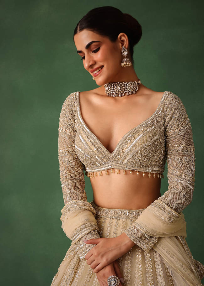 Gold Hand Embroidered Lehenga Set In Raw Silk With Dupatta