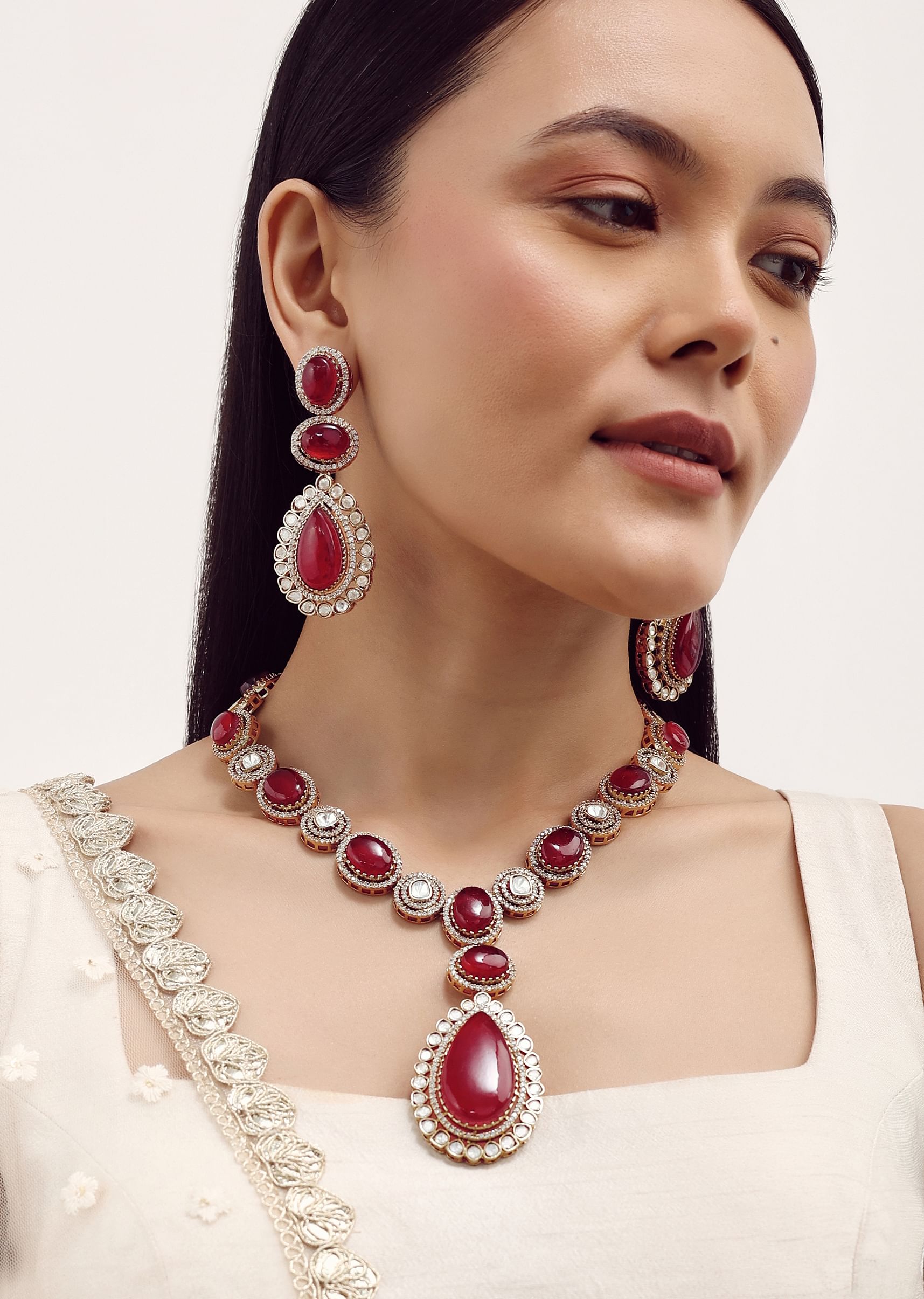 Ruby stone necklace set sales