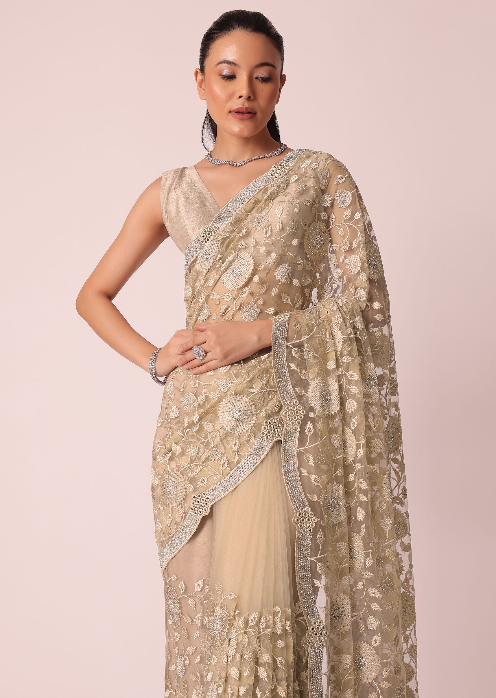 Buy Gold Net Saree With Stone Studded And Florar Work And Unstitched Blouse Piece