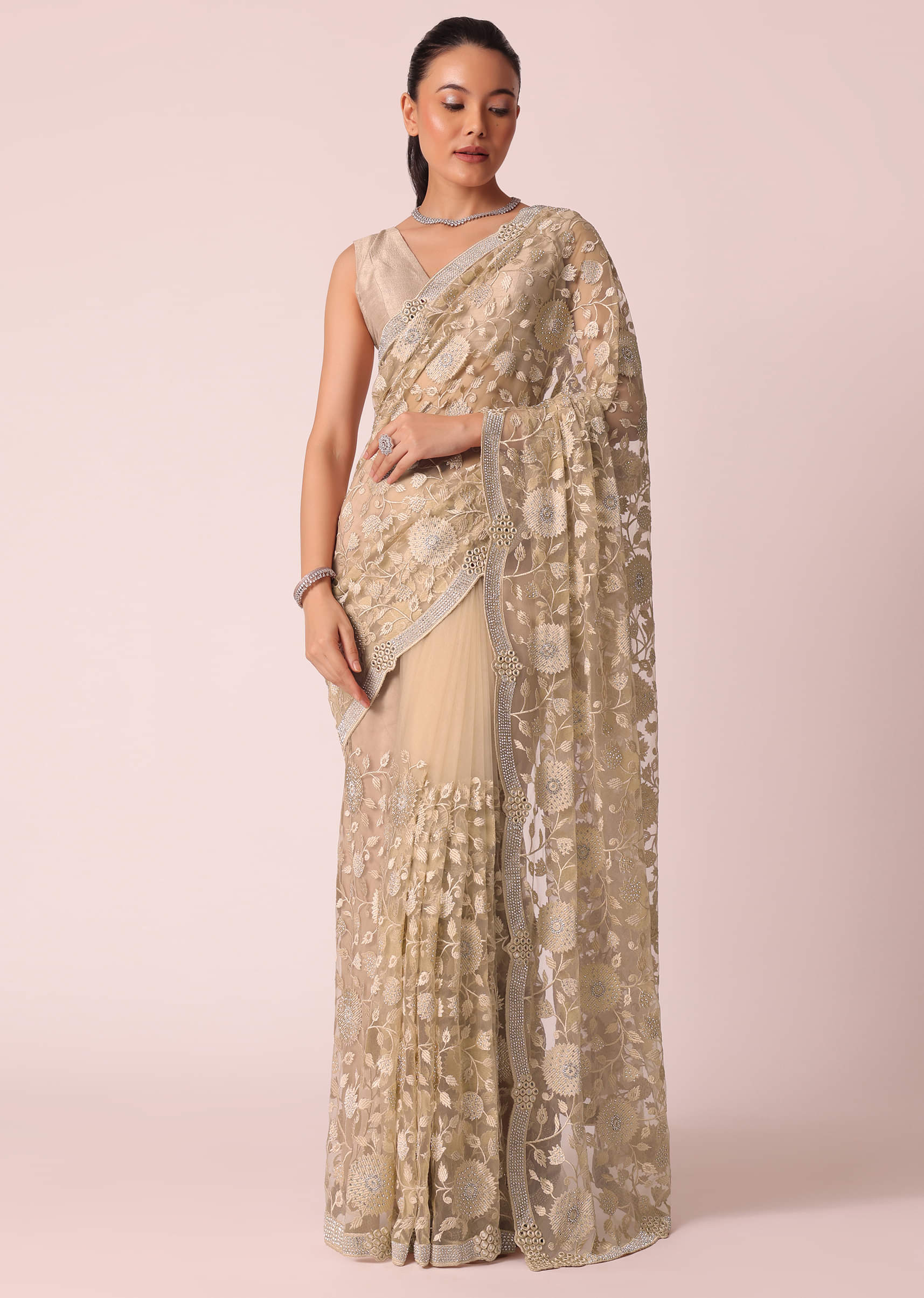 Buy Gold Net Saree With Stone Studded And Florar Work And Unstitched Blouse Piece