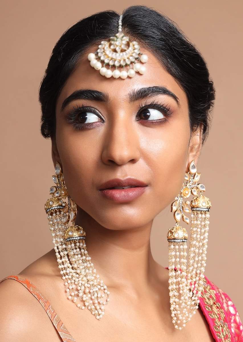 Buy Gold Plated Earrings With Polki In Leaf Motifs Along With Pearl Strings Connecting Two Mini Jhumkis Online Kripa Pranay KALKI Fashion Global