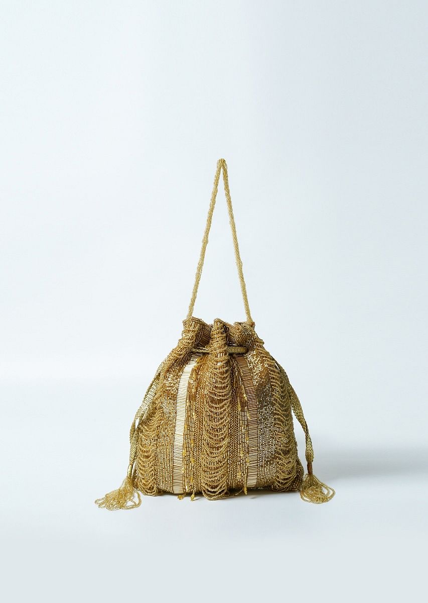 Buy Gold Potli Bag In Raw Silk Hand Embroidered With Cut Dana And Bead Strings Online Kalki Fashion