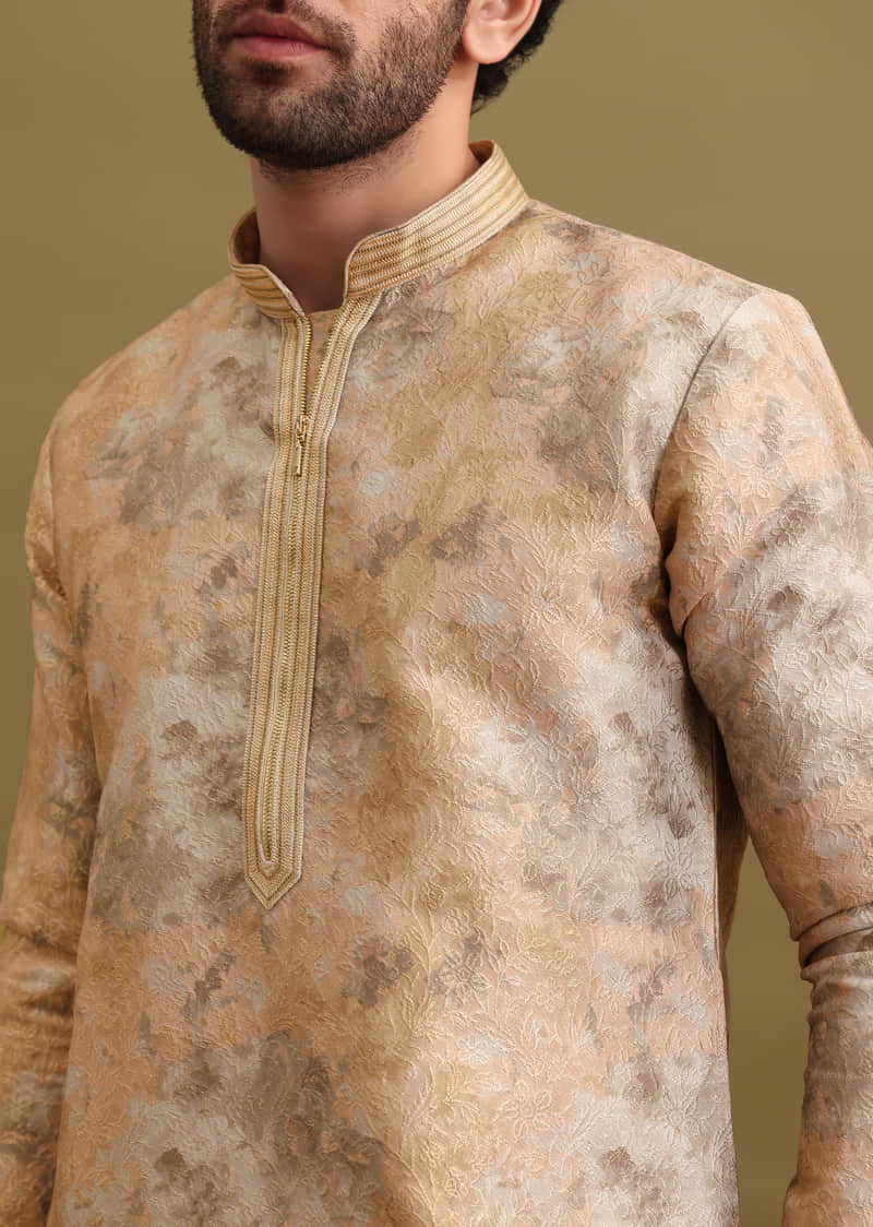 Buy Gold Printed Silk Zipper Kurta Set For Men KALKI Fashion India