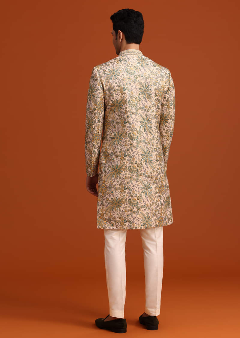 Gold Silk Sherwani Set Hand Embroidered Motifs