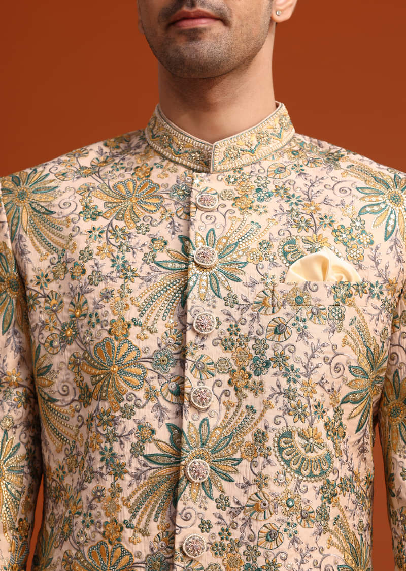 Gold Silk Sherwani Set Hand Embroidered Motifs