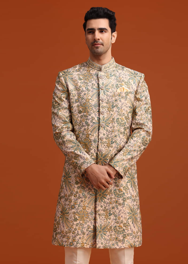 Gold Silk Sherwani Set Hand Embroidered Motifs