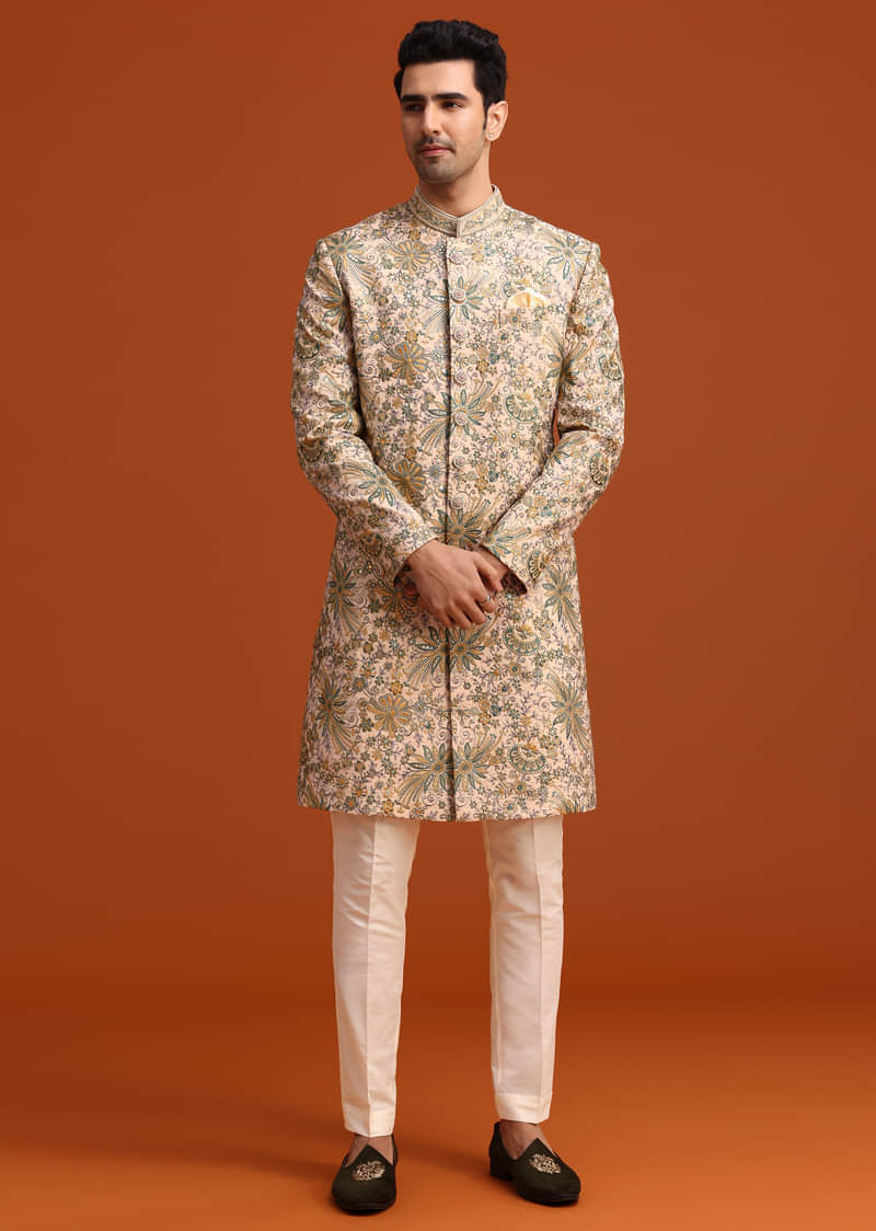 Gold Silk Sherwani Set Hand Embroidered Motifs
