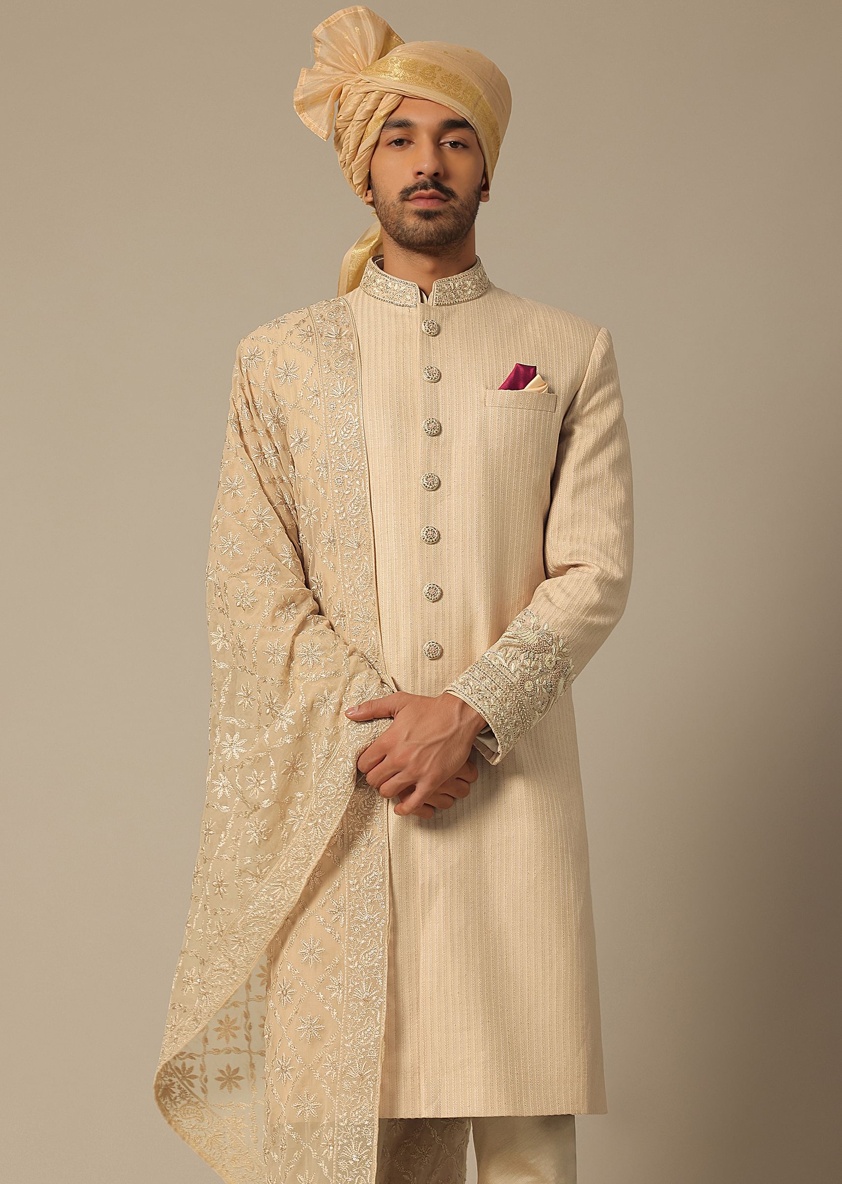 Buy Gold Silk Sherwani Set With Embroidered Detail KALKI Fashion India