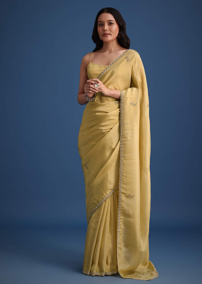 Gold Tissue Saree With Cutdana Embellished Border