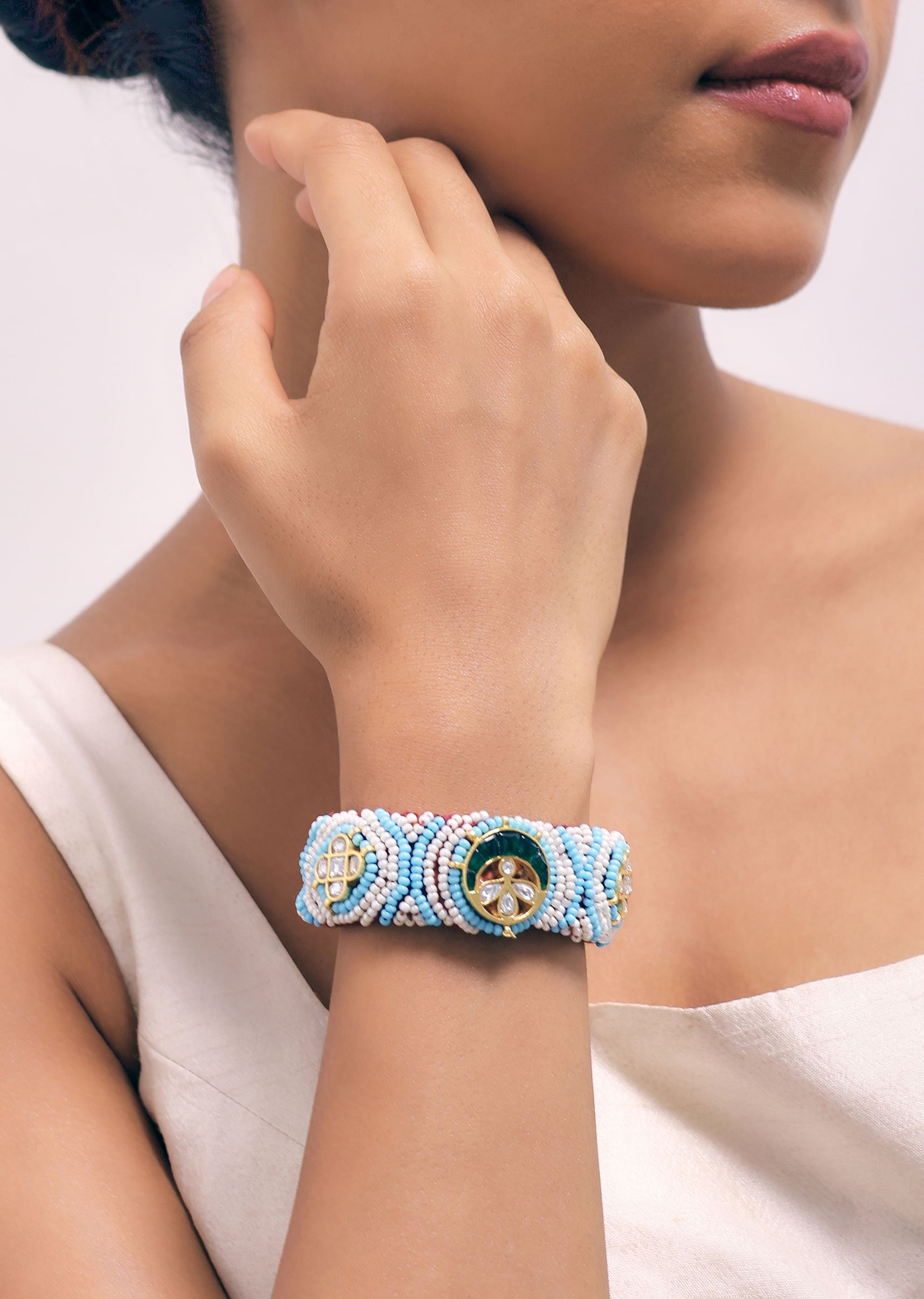 Buy Gold Tone Pachi Kundan Bracelet With Blue Ruby In Mix Metal
