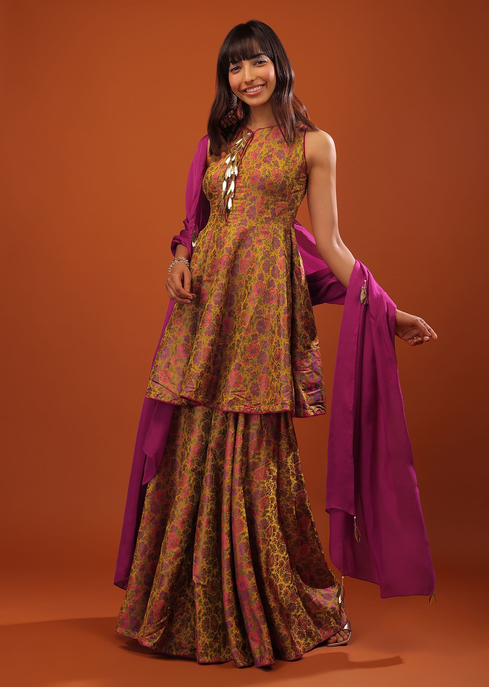 Buy Multicolor Banarasi Brocade Peplum Sharara Suit With Woven Floral Motifs And Tassels KALKI Fashion India