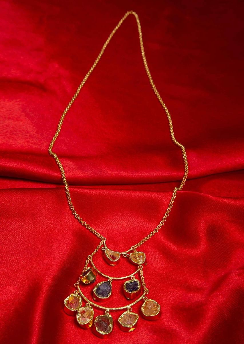 Buy Golden sleek chain party wear necklace with triple layer pendant adorn in semi precious stone only on KALKI Fashion Global