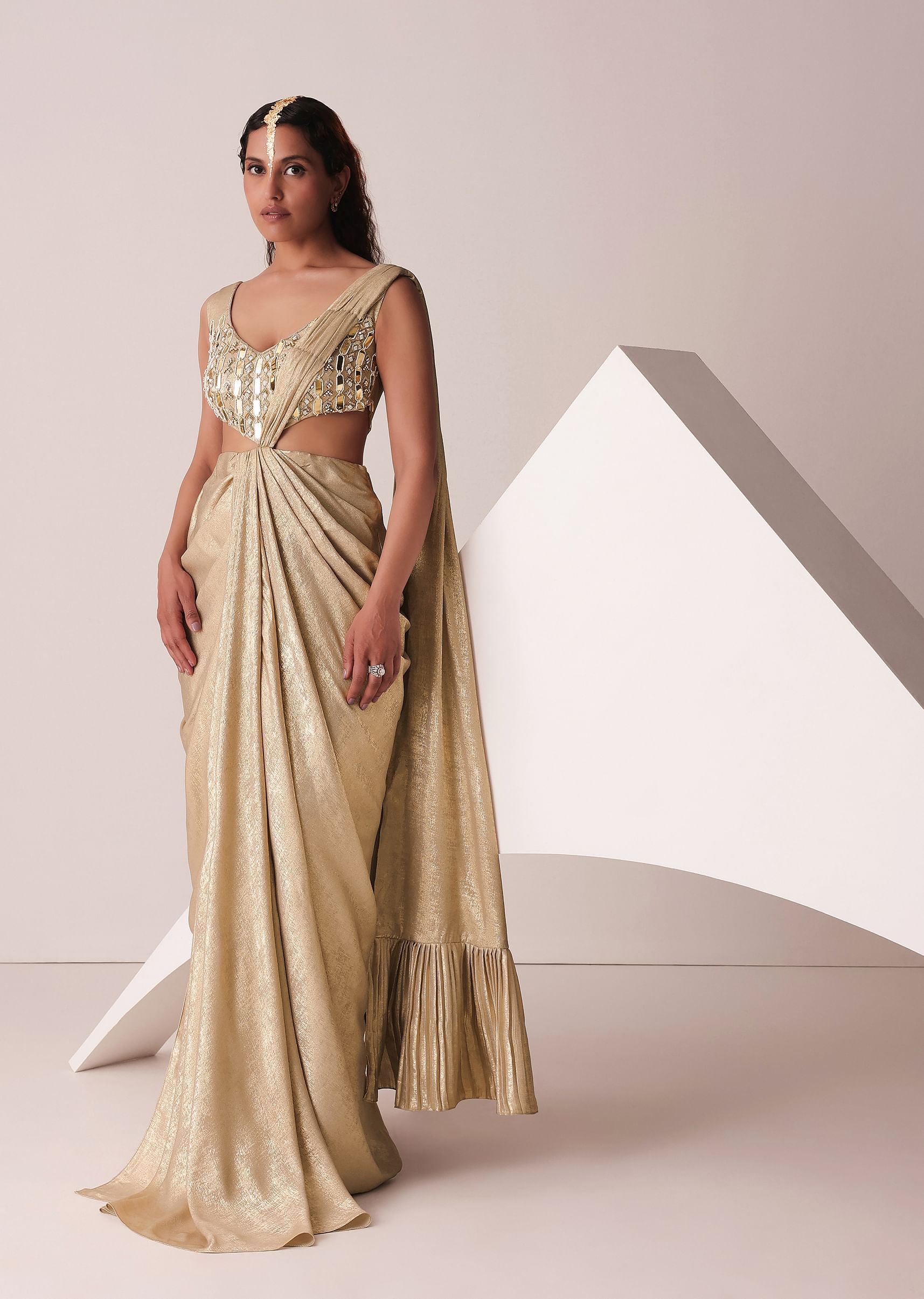 Buy Golden Ready To Wear Embroidered Saree Gown In Gold Foil Fabric