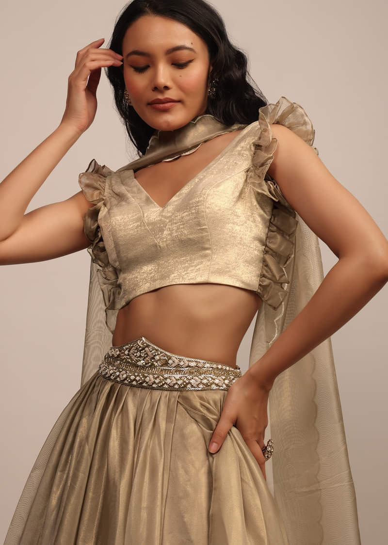 Golden Sleeveless Blouse In Satin Glam Gold With Ruffle Sleeve Frill