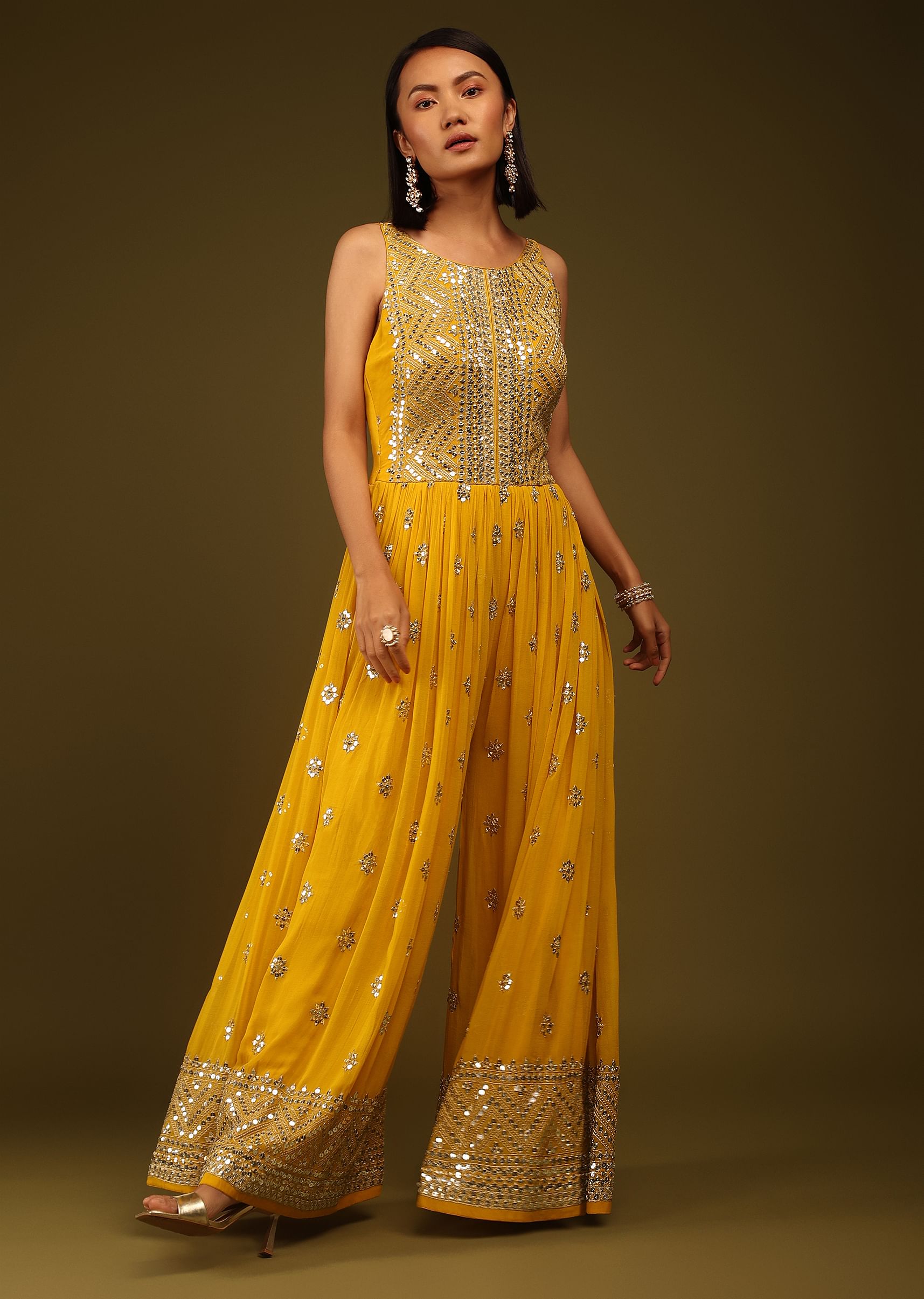 Buy Golden Yellow Sequins Jumpsuit Sequins And Cut Dana Embroidered Buttis Sleeveless And Back Zip Closure. KALKI Fashion Global