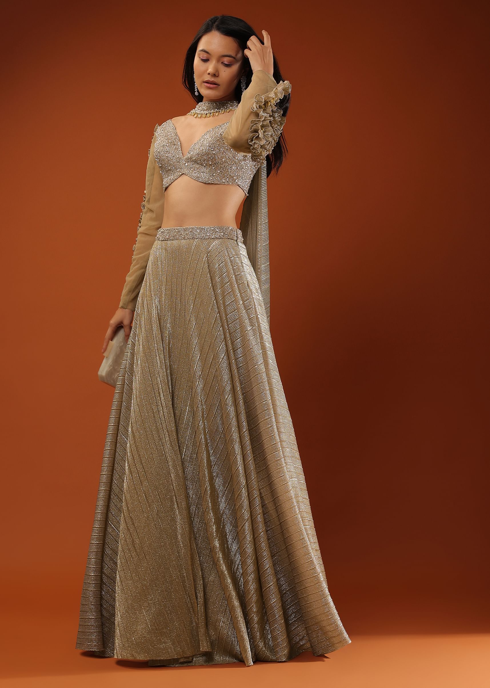 Buy Gothic Olive Lehenga And A Crop Top Set In Shimmer Crush Crop Top Comesi In Full Sleeves With Afrill On The Top