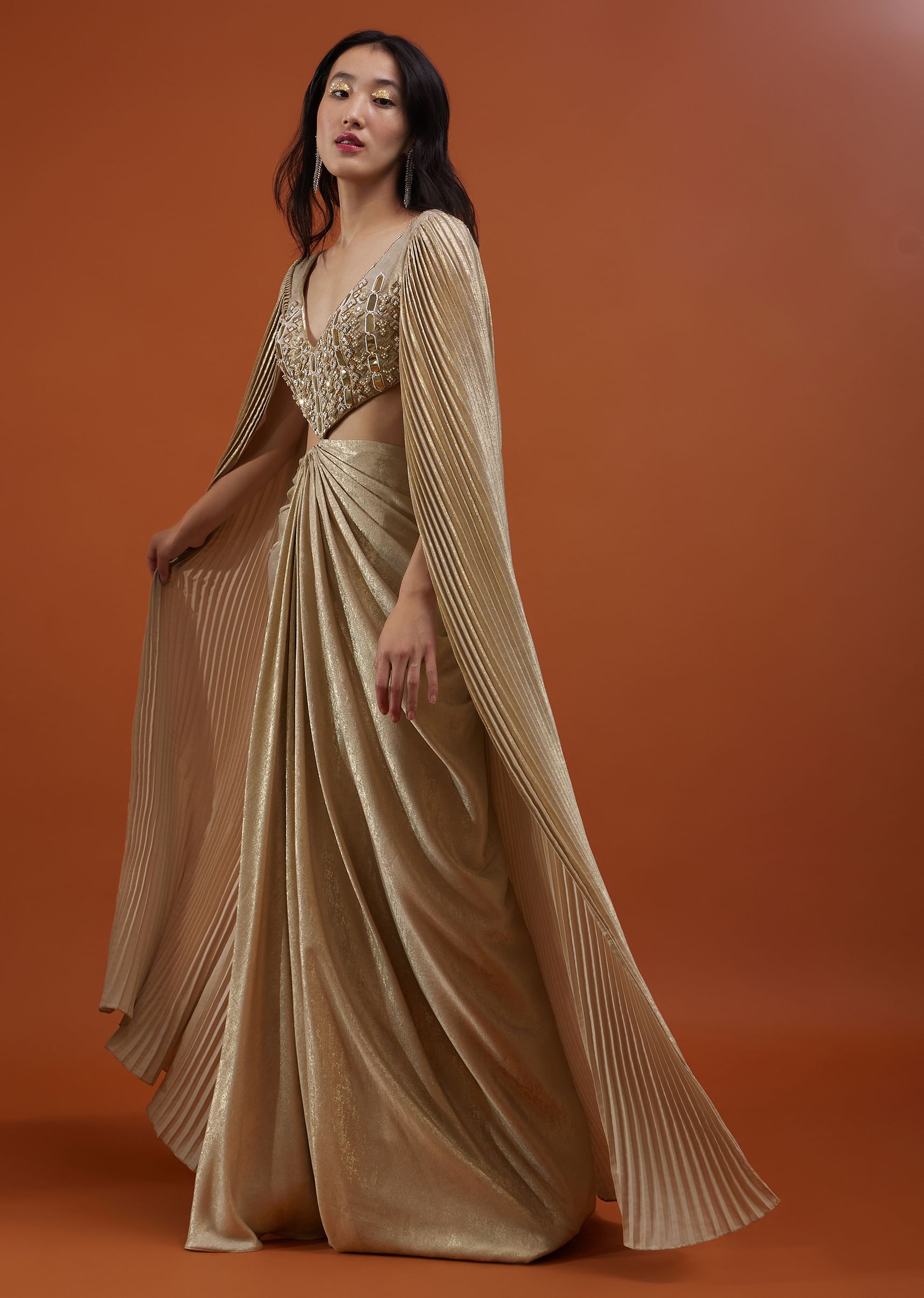 Buy Mocha Brown Gown With A Pre Pleated Dhoti Skirt Area And Royal Cape Sleeves NOOR 2022