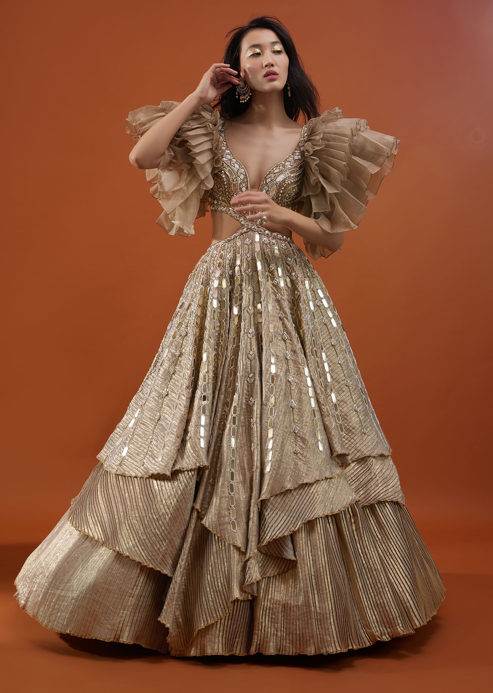 Buy Gold Toned Embroidery Gown With Ruffle Sleeves NOOR 2022 KALKI Fashion Global