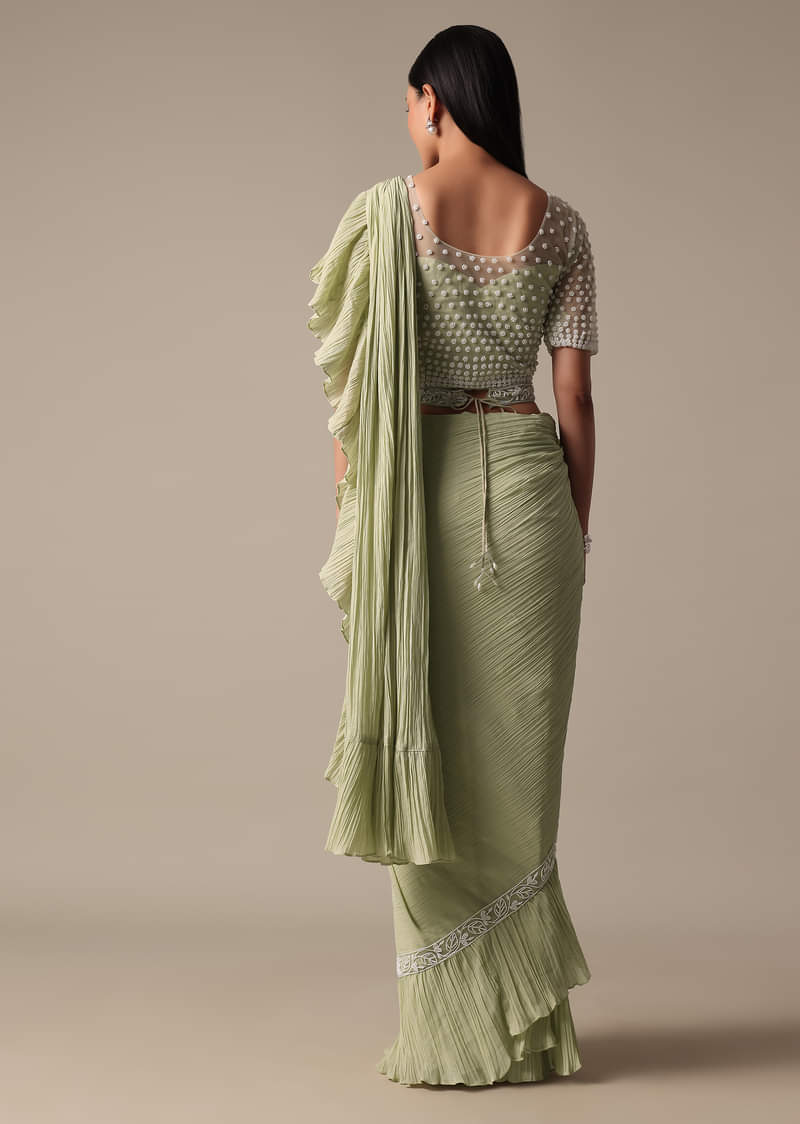 Graceful Green Pre Drape Saree With Ready Made Blouse