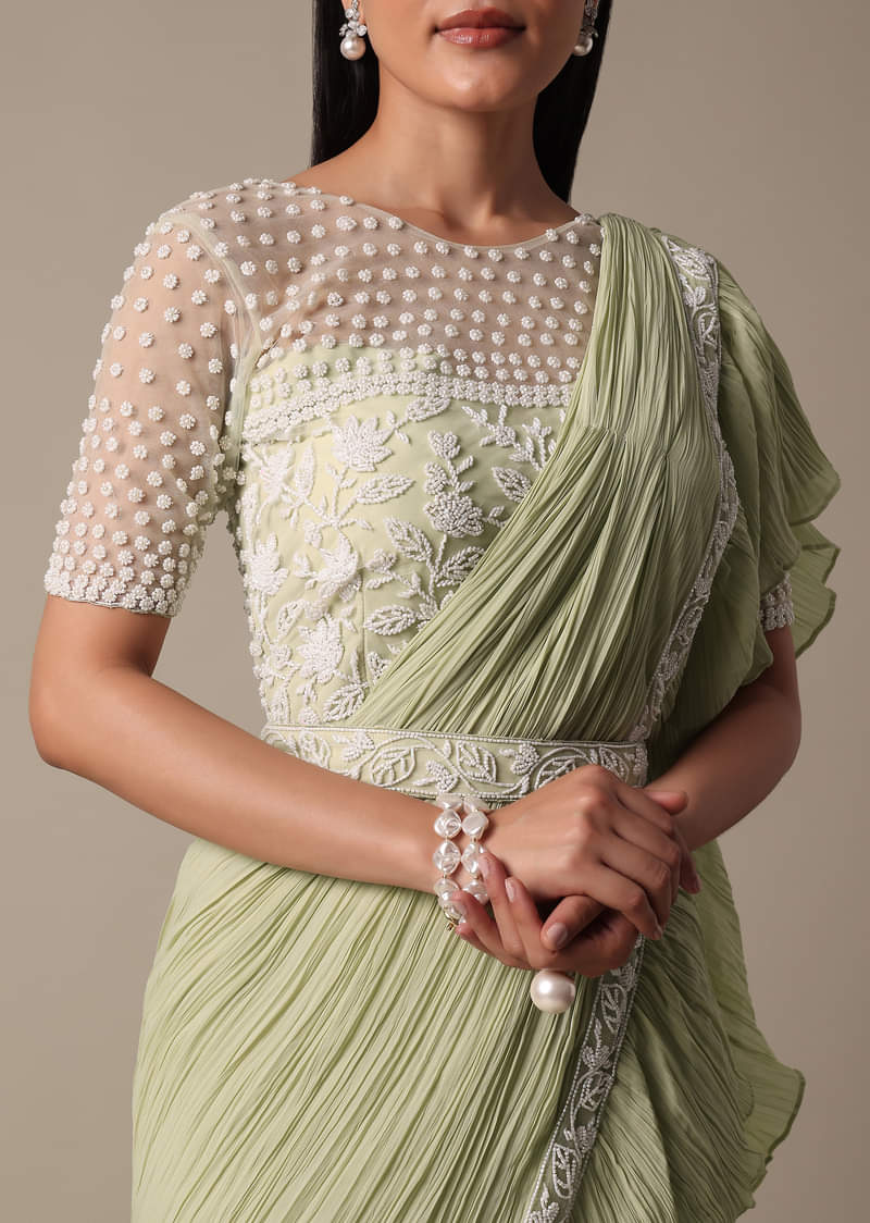 Graceful Green Pre Drape Saree With Ready Made Blouse