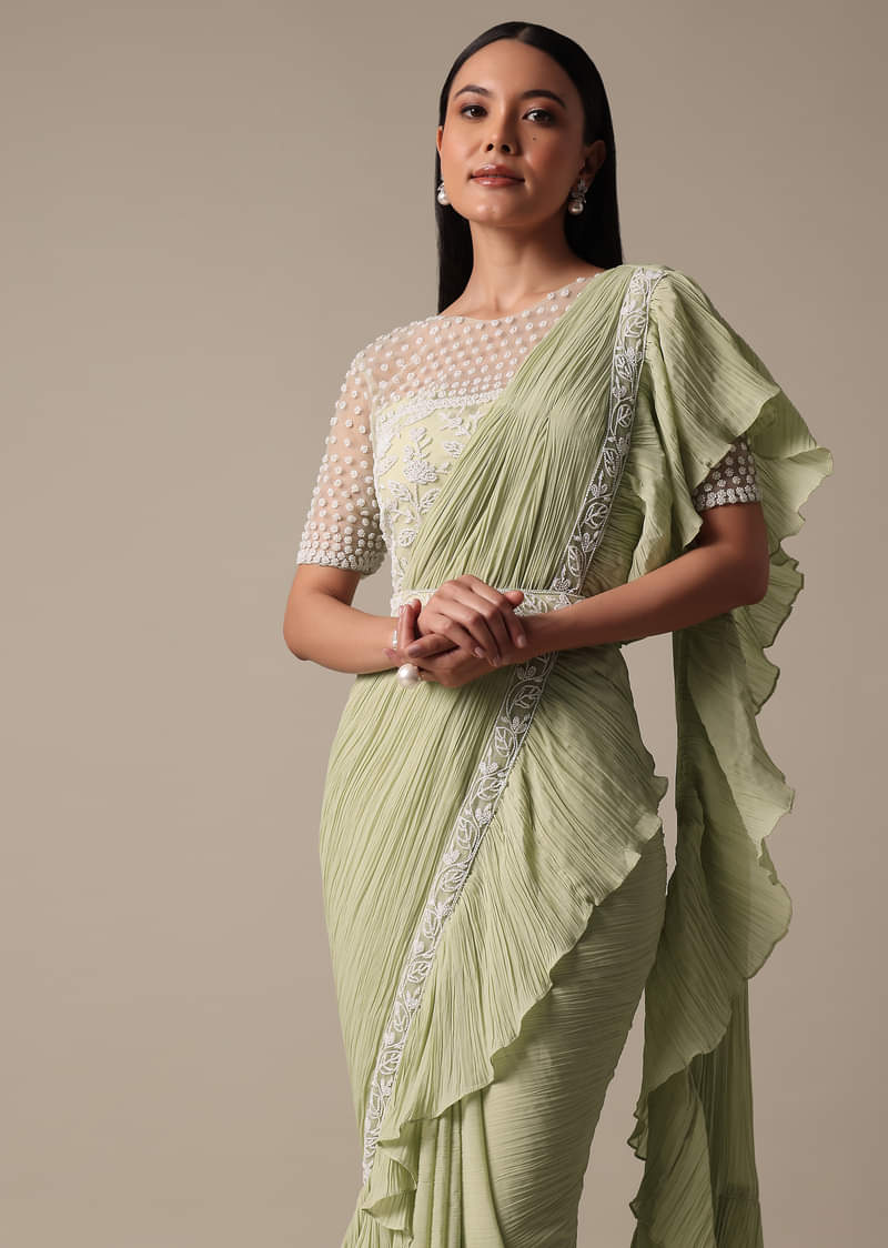 Graceful Green Pre Drape Saree With Ready Made Blouse
