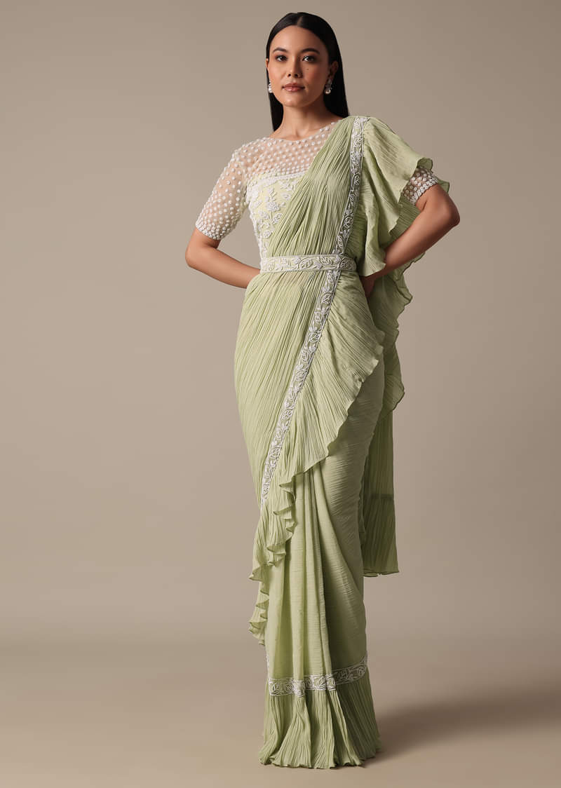 Graceful Green Pre Drape Saree With Ready Made Blouse