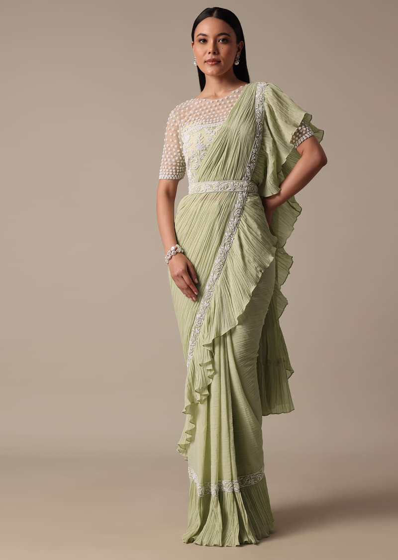 Graceful Green Pre Drape Saree With Ready Made Blouse