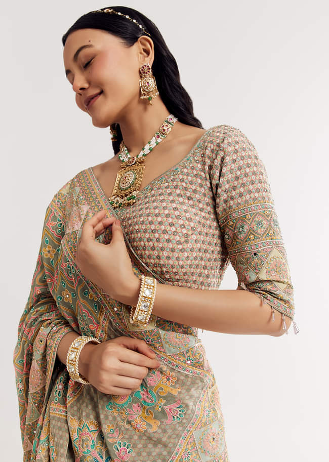 Green Beige Sweetheart Neck Georgette Printed Lehenga With Crepe Dupatta