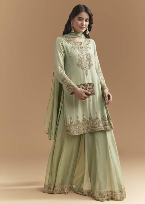 Green Chinon Palazzo Suit With Moti And Cutdana Embroidery Green Chinon Palazzo Suit With Moti And Cutdana Embroidery