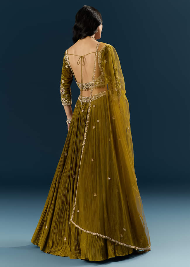 Green Crepe Bridal Lehenga With Cutdana Embroidery