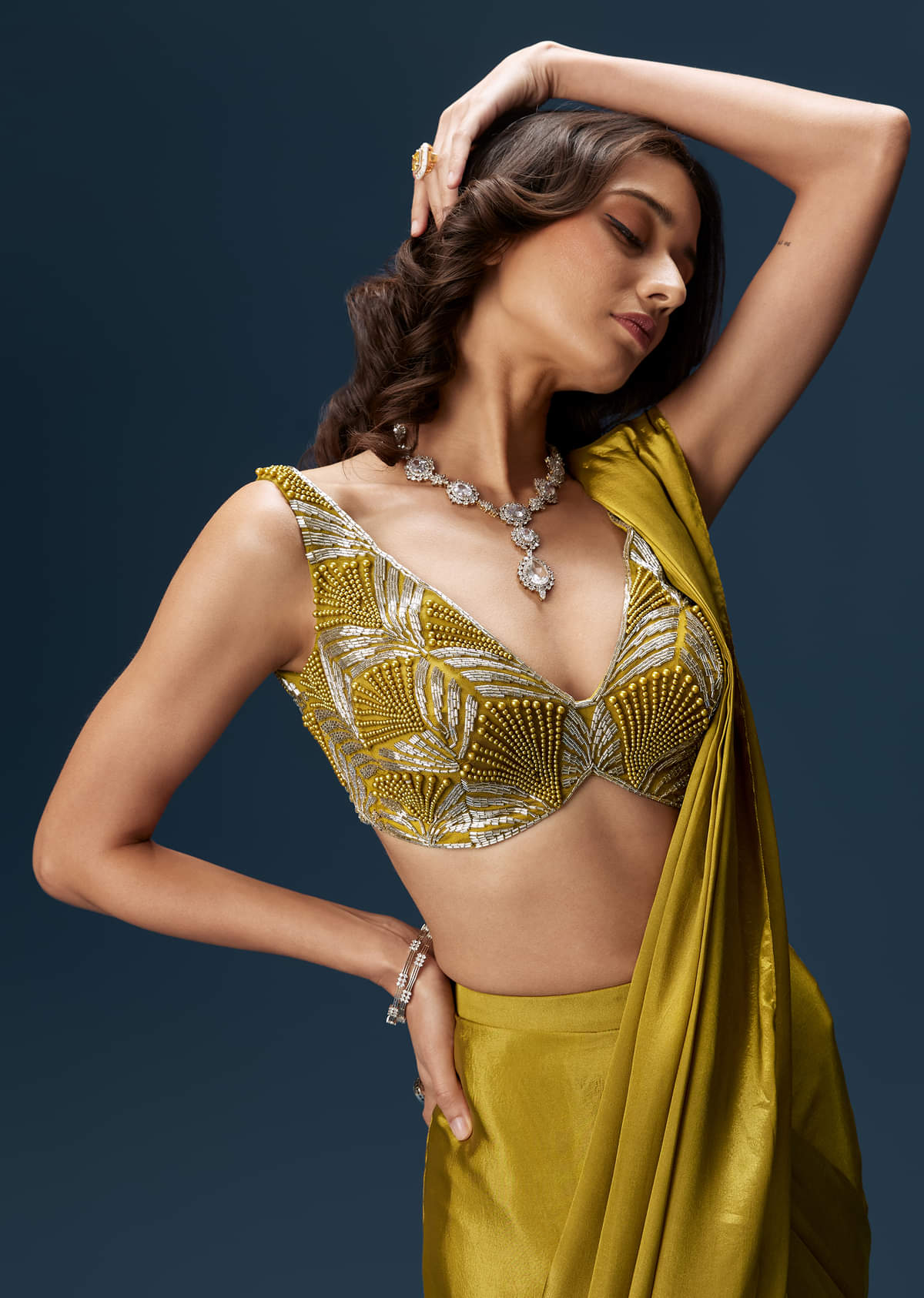 Green Drape Saree With V Neck Blouse And Belt