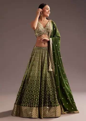 Green Gold Ombre Sequins Zari Georgette Lehenga Set