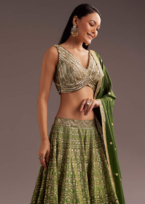 Green Gold Ombre Sequins Zari Georgette Lehenga Set