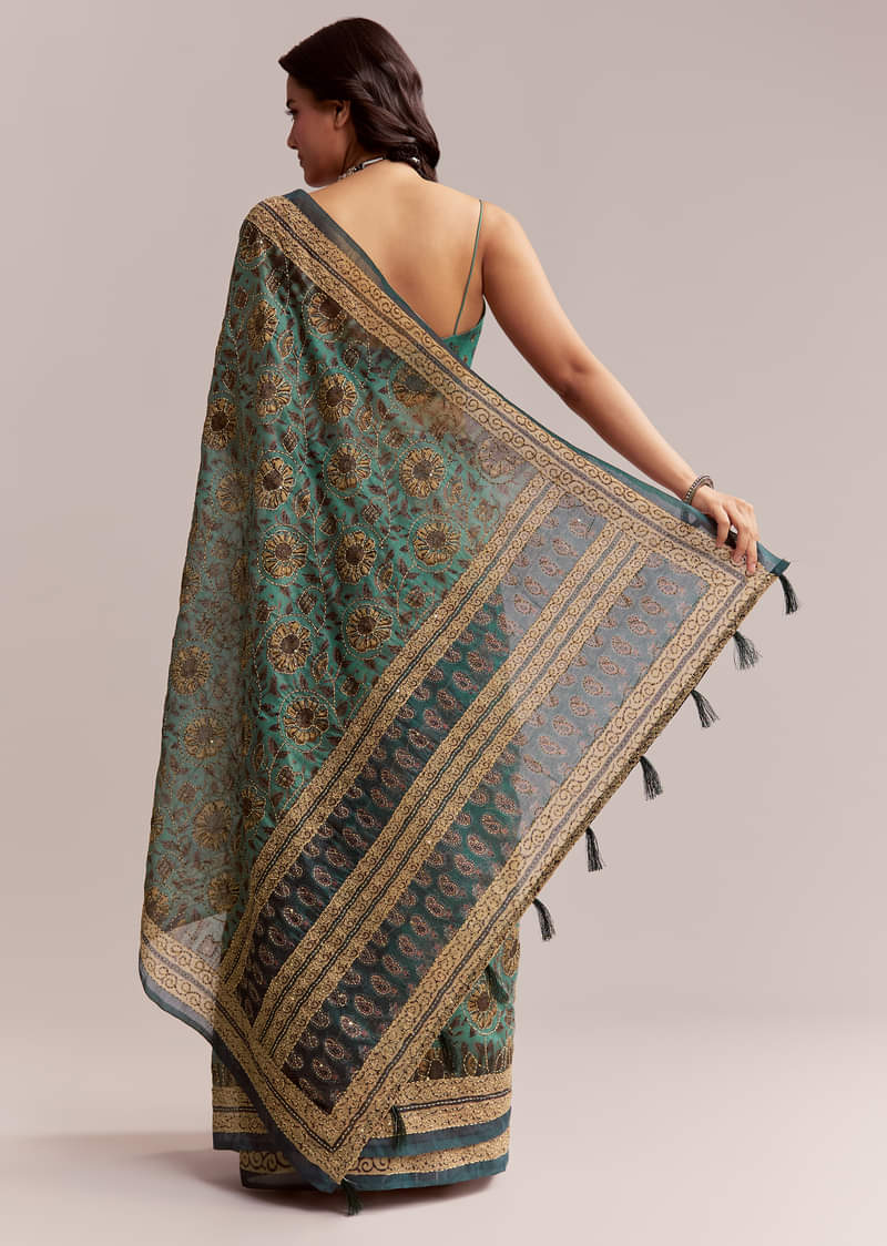 Green Linen Printed Saree With Heritage Ajrakh Work