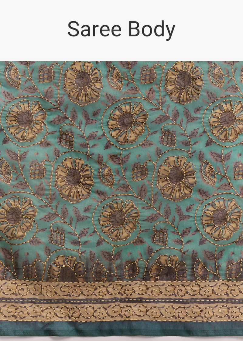 Green Linen Printed Saree With Heritage Ajrakh Work