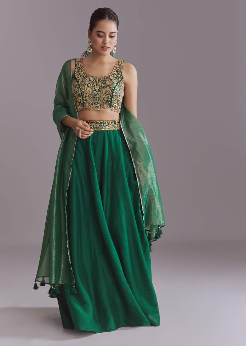 Green Silk Festive Lehenga With Zari Work