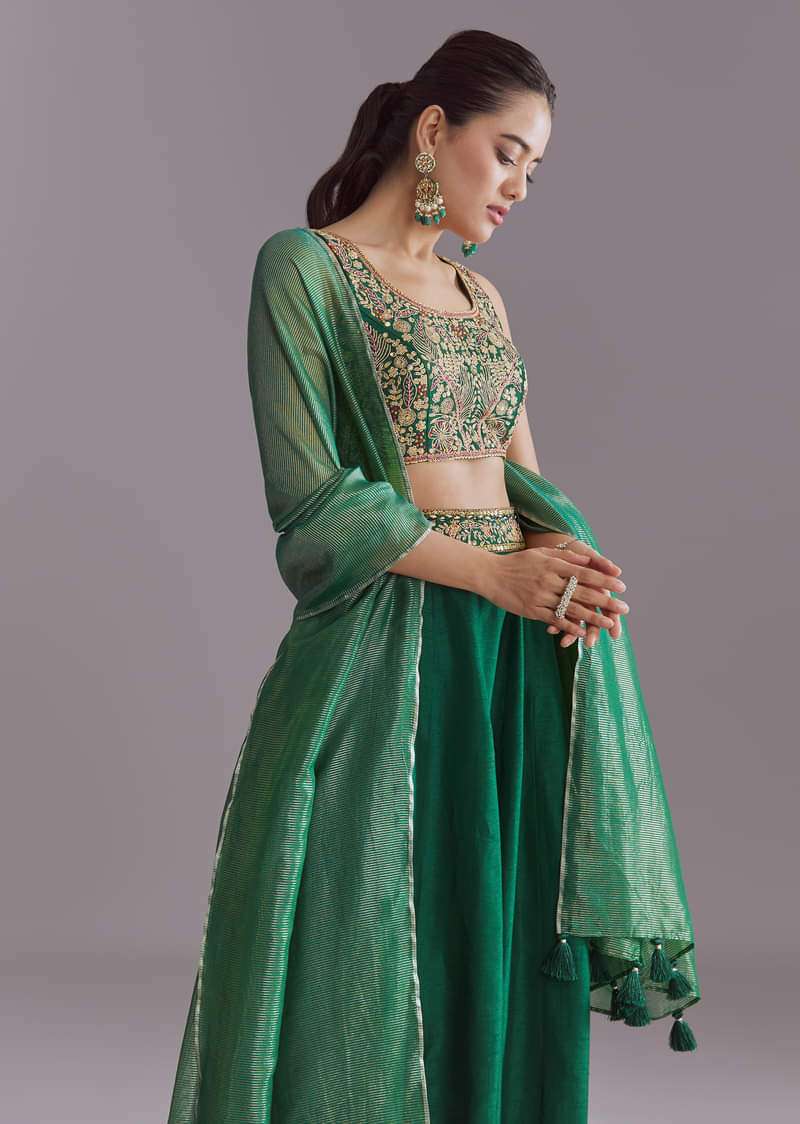 Green Silk Festive Lehenga With Zari Work