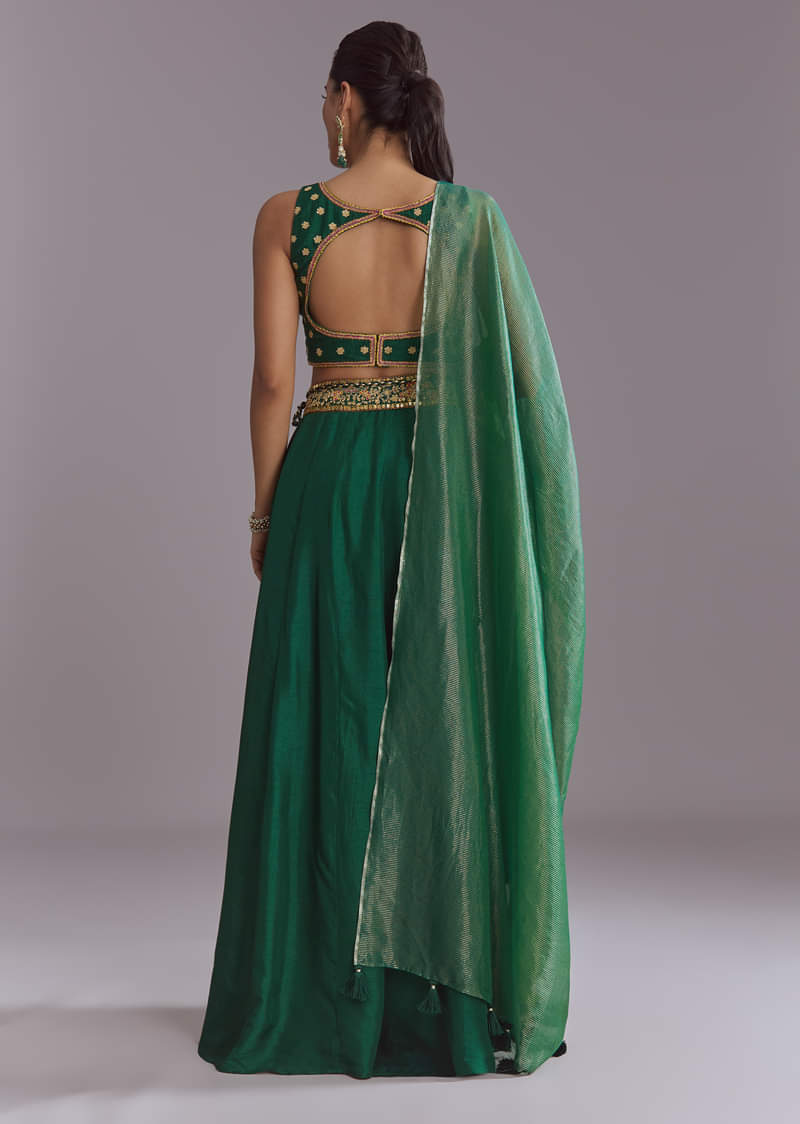 Green Silk Festive Lehenga With Zari Work
