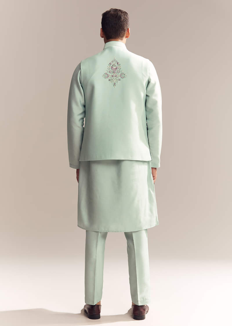 Green Silk Kurta Jacket Set For Men With Heavy Embroidery