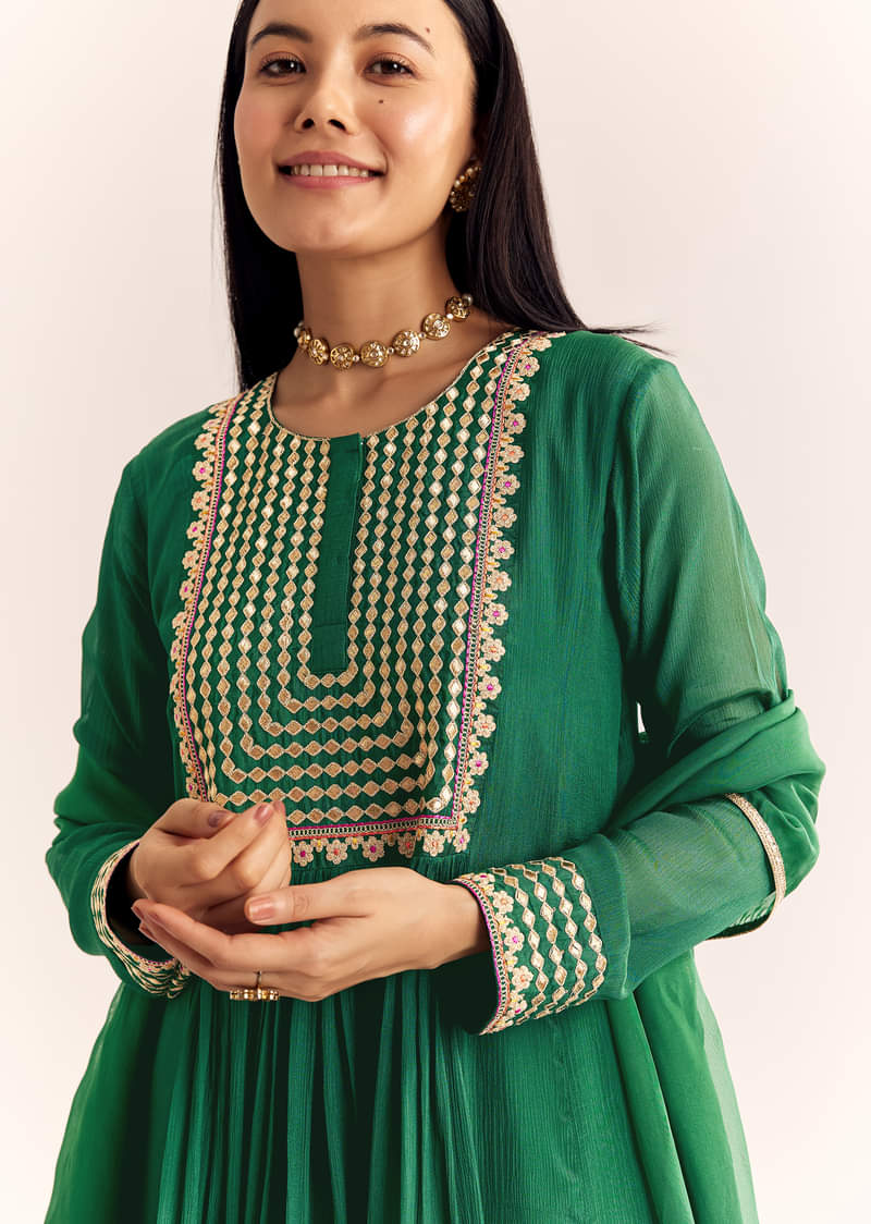 Green Zari Neckline Chinon Anarkali Suit With Dupatta