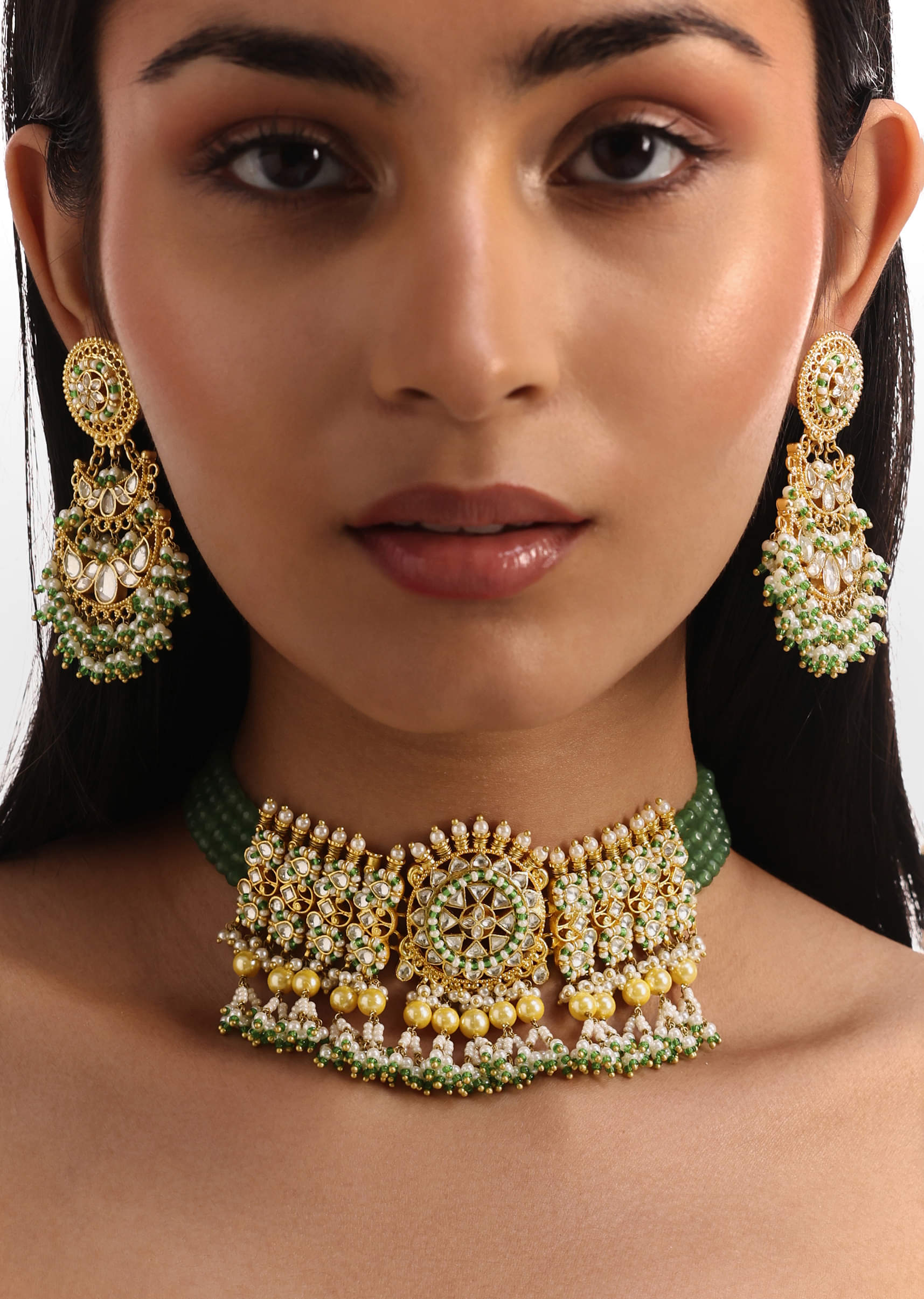 Buy Green And Gold Pachi Kundan Pendant Short Necklace Set
