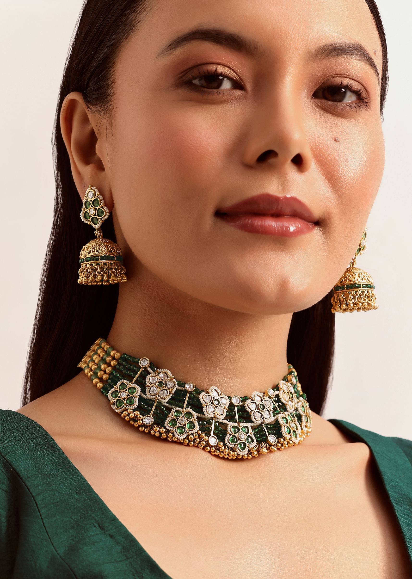 Buy Green And White Temple Jewellery Choker Set In Mix Metal
