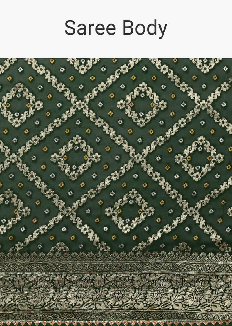 Green Banarasi Georgette Saree With Zari Bandhani Weave And Unstitched Blouse Piece